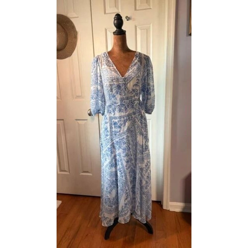 Calvin Klein Blue White Floral Paisley Wrap Maxi Dress Size 6